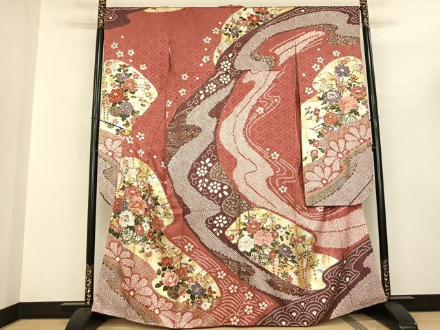 乐天商城 - 平和屋着物●豪華振袖　駒刺繍　絞り　片輪車花文　金銀彩　正絹　逸品　AABF0708fy