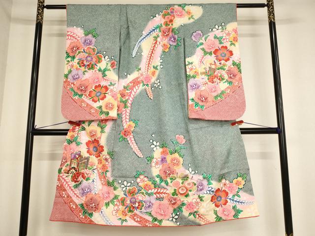 平和屋着物[]七五三　女の子　7歳　祝着　四つ身　御所車花文　暈し染め　金彩　AABF2173ja