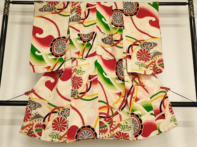 平和屋着物[]セミアンティーク 七五三 女の子 5歳 祝着 四つ身 立波花文 金彩 正絹 逸品 AABF2185ja