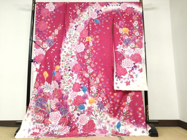 平和屋着物●豪華振袖　草花文　暈し染め　金彩　銀通し地　仮絵羽　逸品　未使用　DABB0371ud