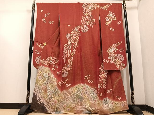 平和屋着物●豪華振袖　作家物　絞り　草花文　金彩　金通し地　正絹　逸品　AABF4465ph
