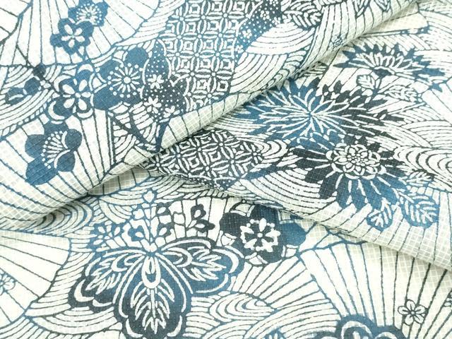 平和屋着物∴夏物 浴衣 綿紅梅 型染め 立波扇面松竹梅花文 綿 逸品 CABB6720ng