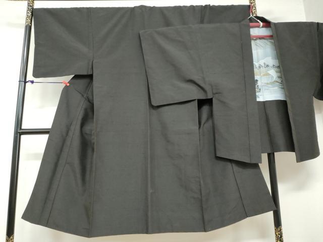 平和屋着物●男性　紬　アンサンブル　鉄黒色　正絹　逸品　DABB0426ud