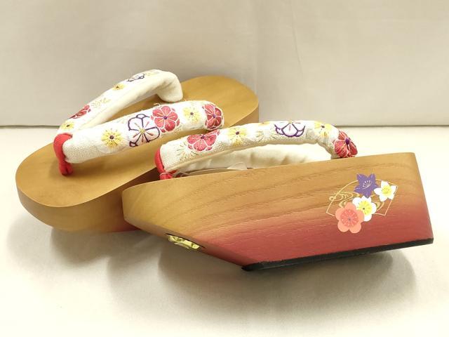 平和屋着物●和装小物　ぽっくり下駄　こっぽり・おこぼ下駄　刺繍　花柄　梅桔梗　金銀糸　金彩　逸品　未使用　AABF4041ay