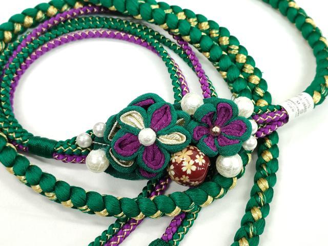平和屋着物●和装小物 振袖用帯締め 飾り付き つまみ細工 花 飾り玉 パール 萌葱色 金糸 撚り房 逸品 未使用 CABC0995ju