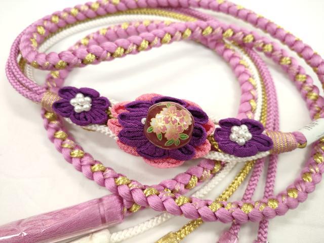 Other - 平和屋着物●和装小物　振袖用帯締め　飾り付き　つまみ細工　花　飾り玉　パール　桃花色　金糸　切り房　逸品　未使用　CABC1059ju