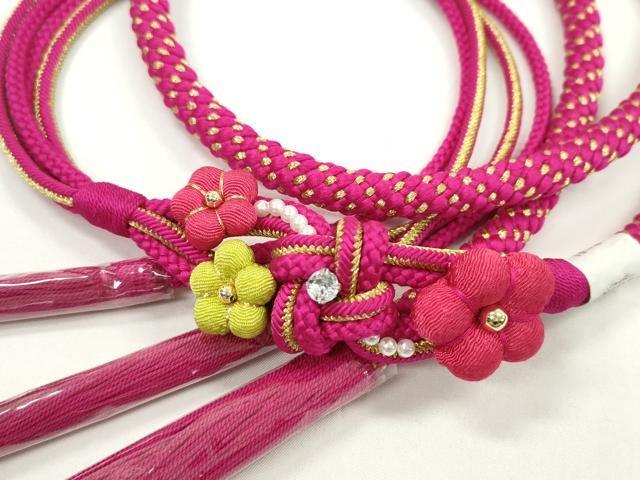 平和屋着物●和装小物　振袖用帯締め　飾り付き　縮緬花飾り　梅　パール　マゼンタ　金糸　撚り房　逸品　未使用　CABC1063ju