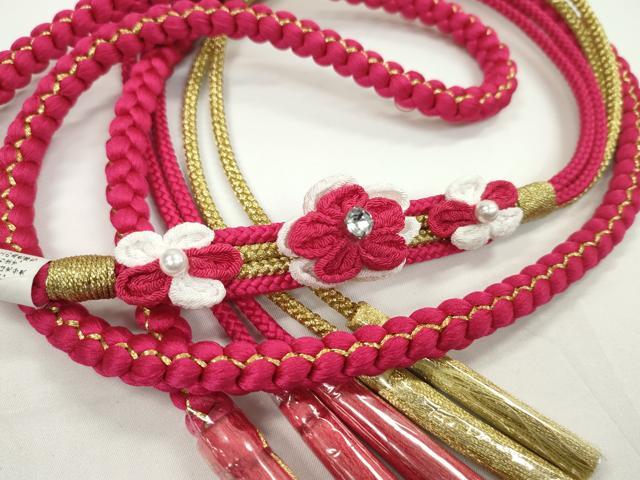 平和屋着物●和装小物 振袖用帯締め 飾り付き つまみ細工 花 パール 躑躅色 金糸 切り房 逸品 未使用 CABC1071ju