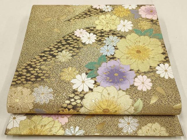 平和屋着物▼六通柄袋帯　遠山花文　金銀糸　正絹　逸品　AABE9460wj