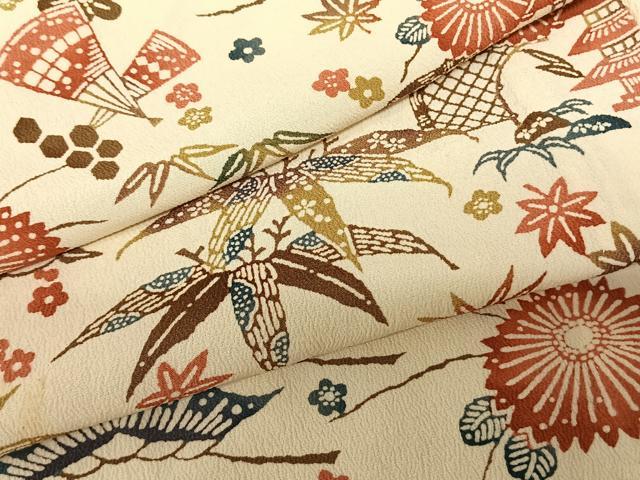 平和屋着物▽上質な小紋　単衣　型染め　扇面花文　正絹　逸品　AABF5621fy