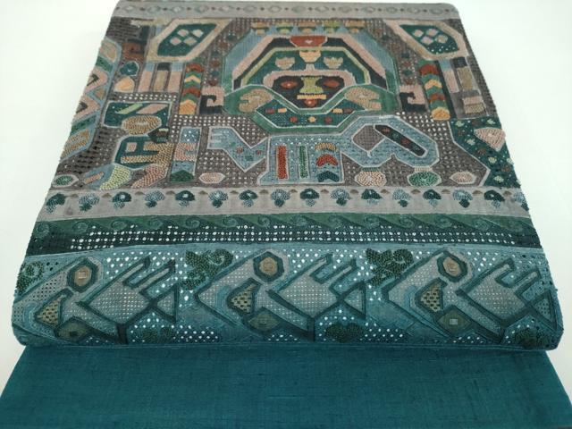 高級 袋帯 正絹 お太鼓柄 絽刺し 総刺繍 グリーン 訪問着 色無地 付け下げ 銀座【帯5885】西陣 川島織物製 本袋帯 - 銀座きもの青木｜長く大切に