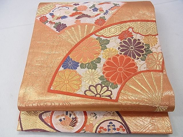 平和屋着物■六通柄袋帯 唐織 扇面花鳥文 金糸 逸品 ca5167
