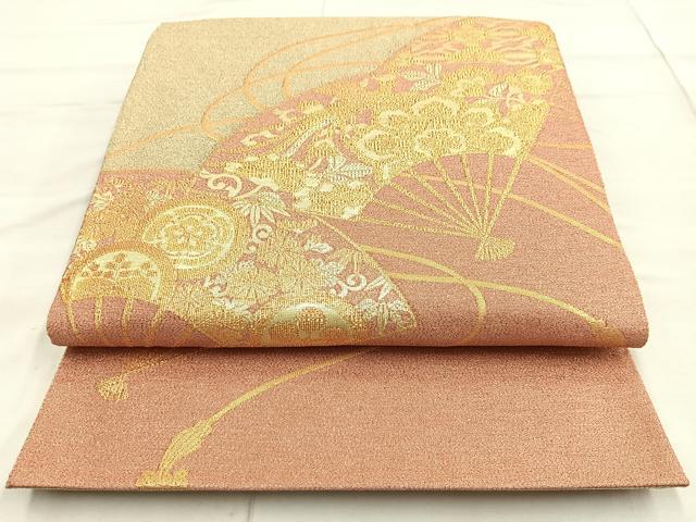 平和屋着物◎六通柄袋帯　扇面重蒔絵　金糸　正絹　逸品　BAAN5137cm