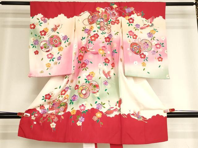 平和屋着物[]お宮参り 女の子 祝着 産着 初着 のしめ 花鼓飛鶴文 暈し染め 金銀彩 逸品 AABJ5689ja