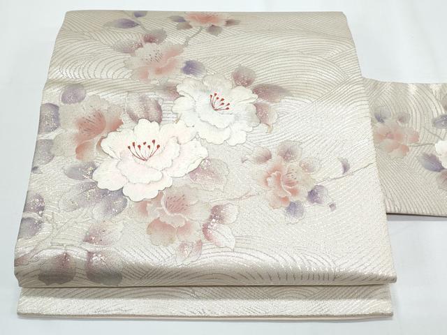 平和屋着物◎九寸名古屋帯 刺繍 草花文 金銀彩 正絹 逸品 CABE6532th