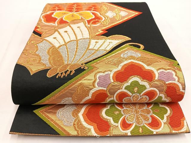 平和屋着物◎六通柄袋帯 唐織 松皮菱花蝶文 黒地 金銀糸 正絹 逸品 BAAW2129yc