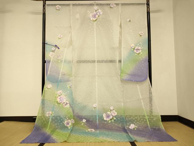 平和屋本店●夏物 お引きずり・お引き摺り・引き振袖 和装 結婚式 舞妓 芸妓 芸者 衣装 手描き オーガンジー 草花文 …