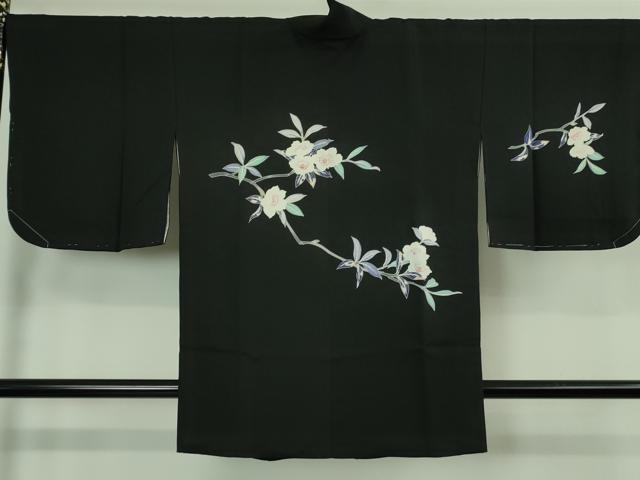 平和屋着物＃極上　道中着　ロング丈　友禅　枝花文　黒地　逸品　未使用　DZAB3060kh6
