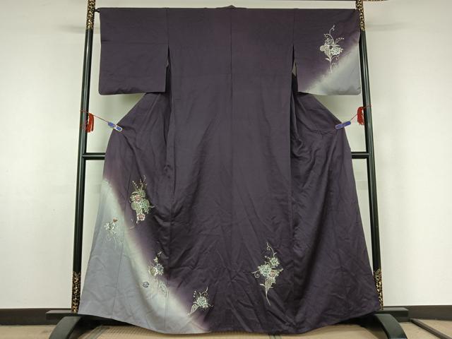 平和屋着物▽訪問着　単衣　草花文　暈し染め　銀彩　正絹　逸品　AABF5002jh