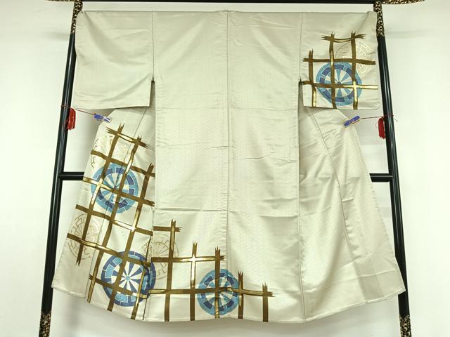 平和屋着物▽男性 訪問着 単衣 源氏車格子文 金彩 洗える着物 AABF5305jh