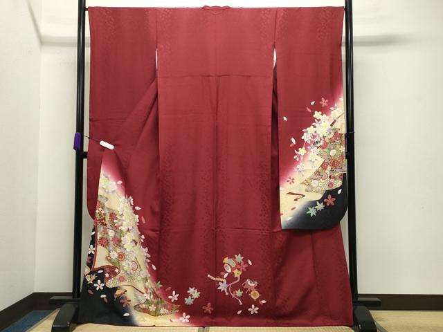 平和屋着物●豪華振袖　駒刺繍　宝尽くし舞桜文　暈し染め　金彩　京都きもの友禅扱い　正絹　逸品　CABB0387gh