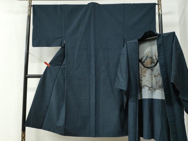 平和屋着物●男性　紬　アンサンブル　色無地　留紺色　正絹　逸品　CABB4714yc
