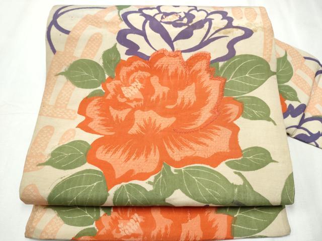 平和屋着物●アンティーク　大正ロマン　九寸名古屋帯　刺繍　桧扇花文　正絹　逸品　CABC5337hy