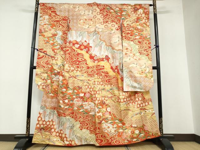 平和屋着物●豪華振袖　駒刺繍　扇面飛鶴吉祥草花文　金彩　正絹　逸品　DABB0592ud