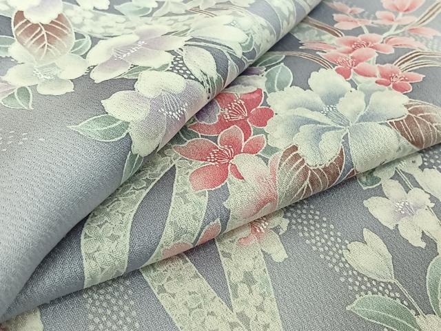 平和屋着物▽上質な小紋　単衣　熨斗花文　正絹　逸品　AABF6418jh