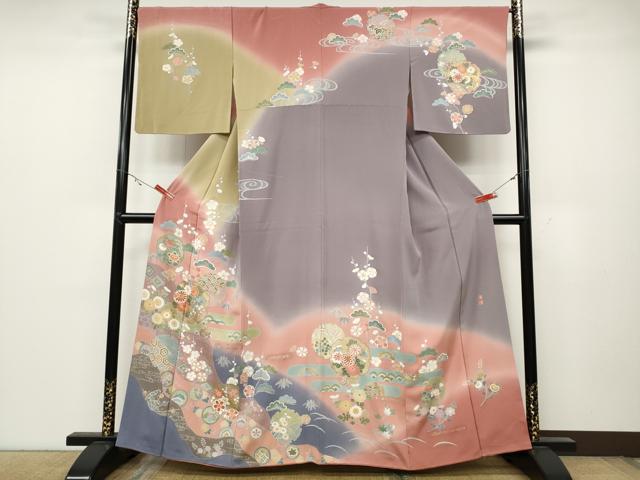 Full-Length Under-Kimono - 平和屋着物●訪問着　作家物　駒刺繍　道長雪輪草花文　暈し染め　金彩　正絹　逸品　CABC2307ut