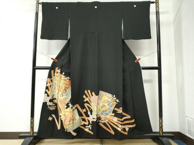 Kimono - 平和屋着物●創業460年・千總　黒留袖　駒刺繍　鬘帯色紙重ね鳳凰檜扇吉祥花文　金彩　正絹　逸品　CABC6515yc