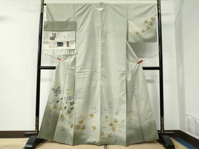 平和屋着物●訪問着　栗繭紬　作家物　枝花文　金彩　反端付き　正絹　逸品　未使用　CABC6516yc