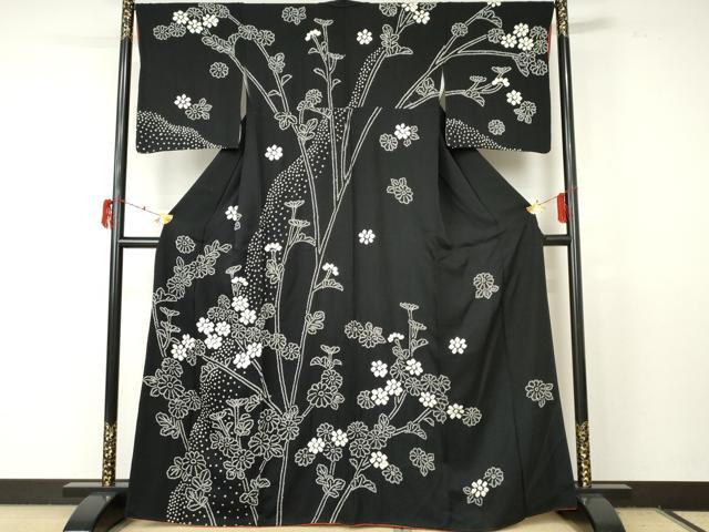 Rakuten - 平和屋着物●訪問着　絞り　枝花文　黒地　正絹　逸品　AABF5266cs