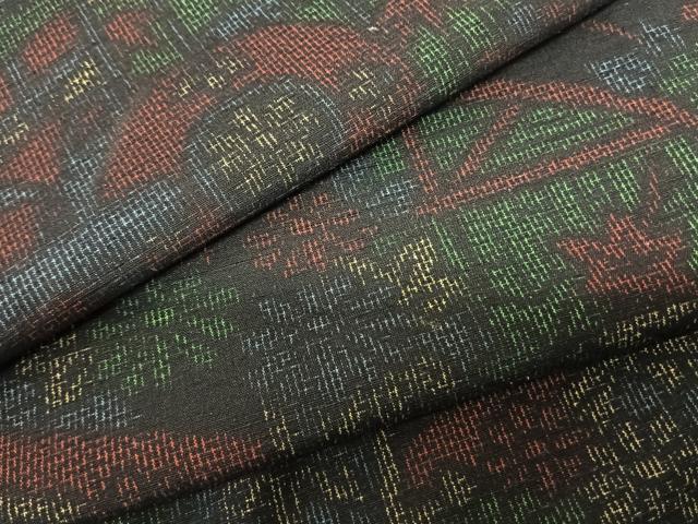 平和屋着物▽上質な紬　単衣　風景花文　正絹　逸品　AABF5564fy