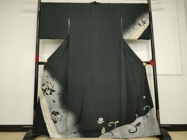 平和屋着物●訪問着　作家物　一太　竹屋町刺繍　花丸文　たたき染め　黒地　金彩　正絹　逸品　AABF7024ck