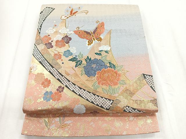 平和屋着物◎太鼓柄袋帯　唐織　花蝶文　金糸　正絹　逸品　CABD5063nb