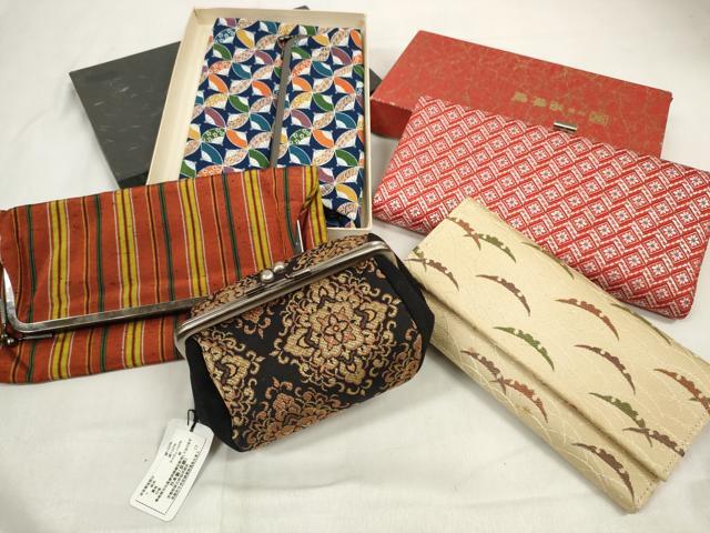 平和屋着物▼和装小物 がま口まとめて5点 ポーチ クラッチ 西陣織 資生堂 扇散らし 雪芝 縞 彩小径 未使用品あり 逸品 DABA7549zzz