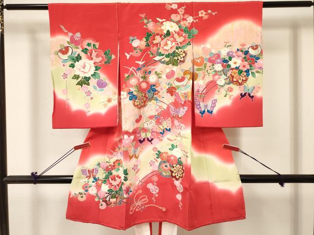 Kimono （For Girls） - 平和屋着物[]お宮参り　女の子　祝着　産着　初着　のしめ　舞蝶花車文　暈し染め　金銀彩　逸品　DABC5076ma