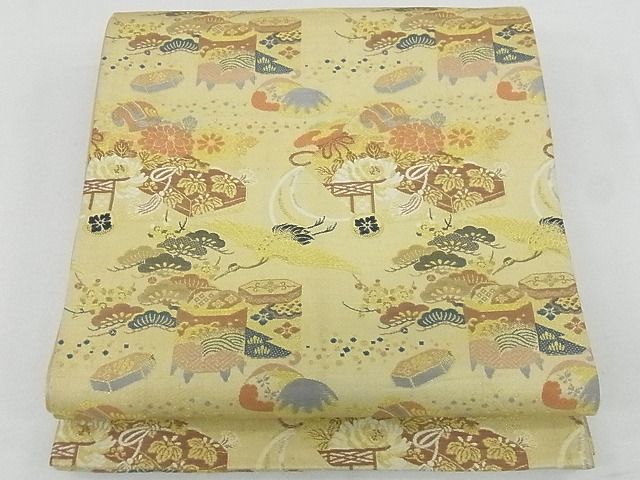 平和屋着物■アンティーク　大正ロマン　全通柄袋帯　器物飛鶴吉祥花文　金糸　逸品　DAAA0236ea