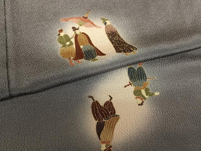 平和屋着物●工芸キモノ野口　小紋　南蛮人波来図　暈し染め　金彩　鬼しぼ縮緬　反端付き　正絹　逸品　未使用　AABA0295zg