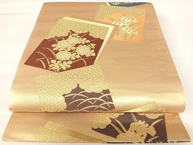 平和屋着物◎六通柄袋帯　色紙重ね花文　金糸　正絹　逸品　AABA6305yx