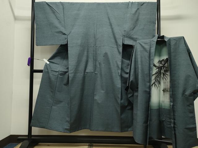 平和屋着物●男性　紬　アンサンブル　霞文　湊鼠色　正絹　逸品　CABB0372gh