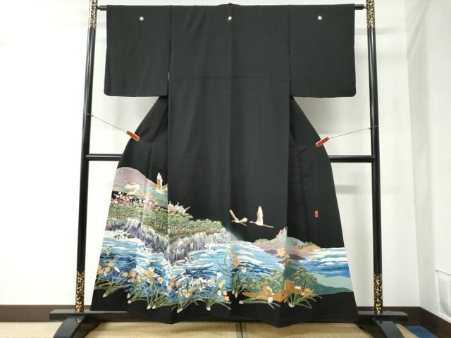 平和屋着物●本加賀友禅作家　稲手明仁　黒留袖　遠山飛鶴浜松風景文　正絹　逸品　CABB4739yc