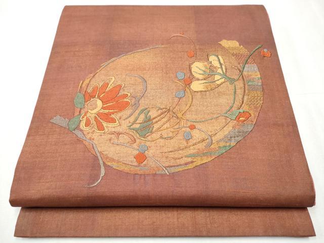 平和屋着物●太鼓柄袋帯　紬地　総刺繍　枝花文　金彩　正絹　逸品　CABC5381hy