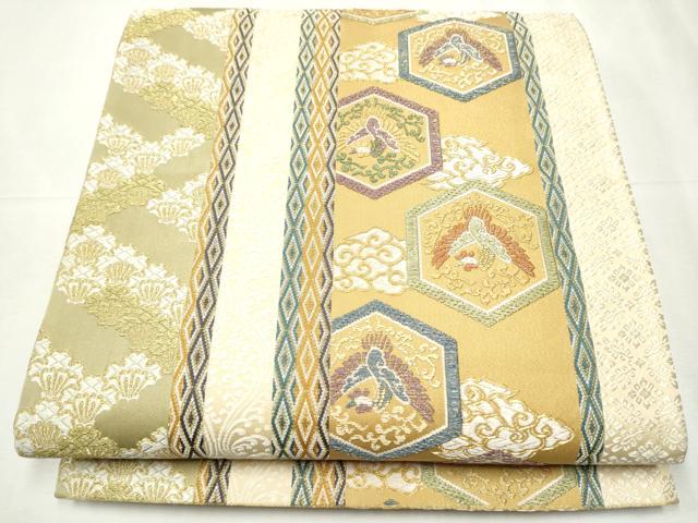 平和屋着物●人間国宝 初代 六谷梅軒(六谷紀久男)錐彫り 重要無形文化 財伊勢型紙 六通柄袋帯 鳳凰唐草間道 金糸 正絹 逸品 CABC5427hy