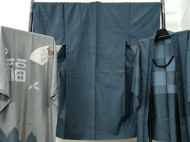 平和屋着物●男性　紬　アンサンブル・長襦袢セット　格子　正絹　逸品　未使用　CABC6492yc
