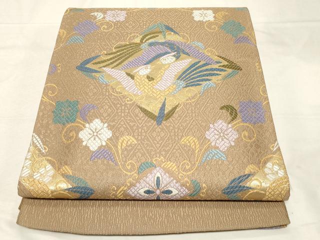 平和屋着物●西陣　六通柄袋帯　唐織　王朝装束　菱取り向い鳥文　金糸　証紙付き　正絹　逸品　正絹　逸品　未使用　CABC4687dy