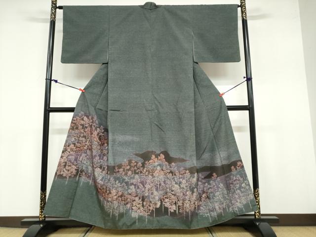 平和屋着物●訪問着　作家物　紬地　ろうけつ染め　樹林文　正絹　逸品　DABB0676ud