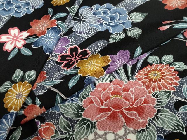 Rakuten - 平和屋着物●上質な小紋　型染め　飾花文　黒地　正絹　逸品　DABB0720ud