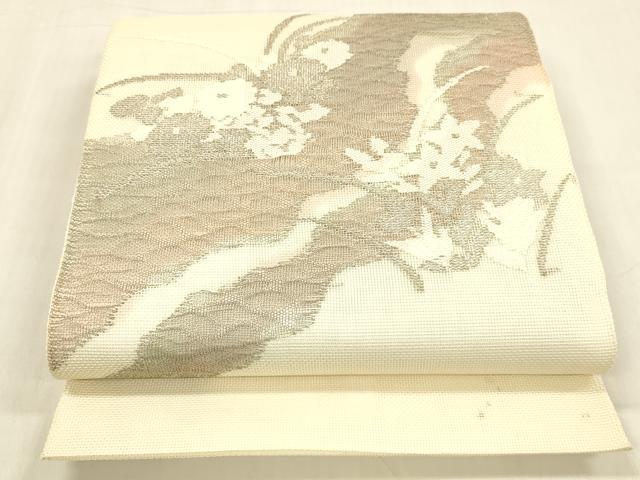 平和屋着物＊夏物　太鼓柄　本袋帯　流水草花文　銀糸　正絹　逸品　DABB3594cm